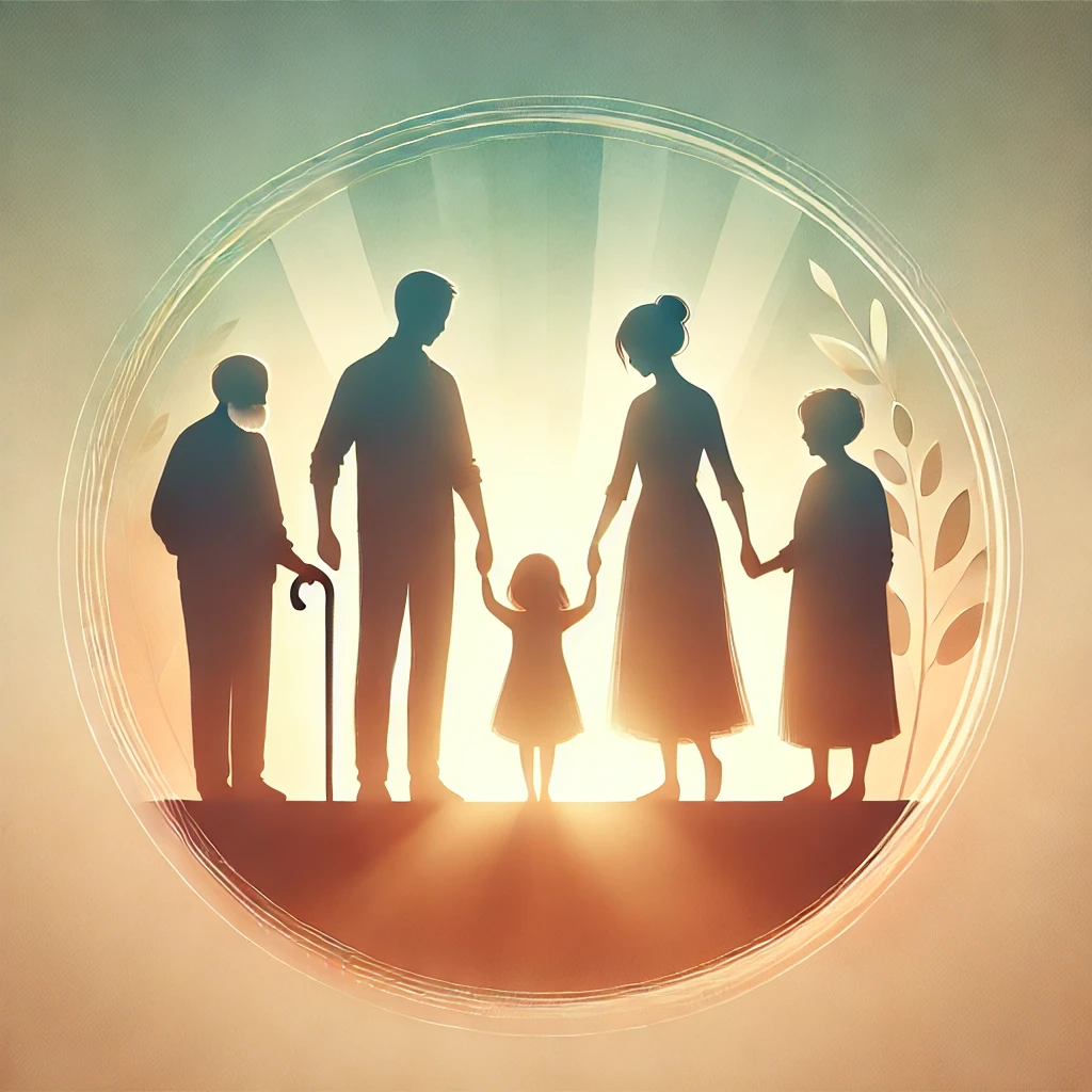 DALL·E 2024-11-17 12.21.34 - A peaceful illustration depicting the silhouettes of a family holding hands, showing three generations_ grandparents, parents, and children. They are
