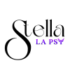 Logo avec le mot "Stella" en élégante police noire et "LA PSY" en lettres violettes majuscules plus petites, sur un fond gris clair. - Stella la Psy